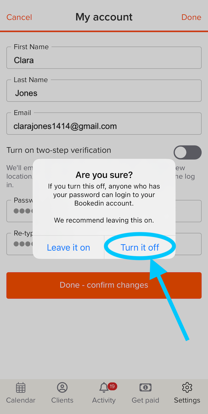 turn off two factor authentication in bookedin pop up message