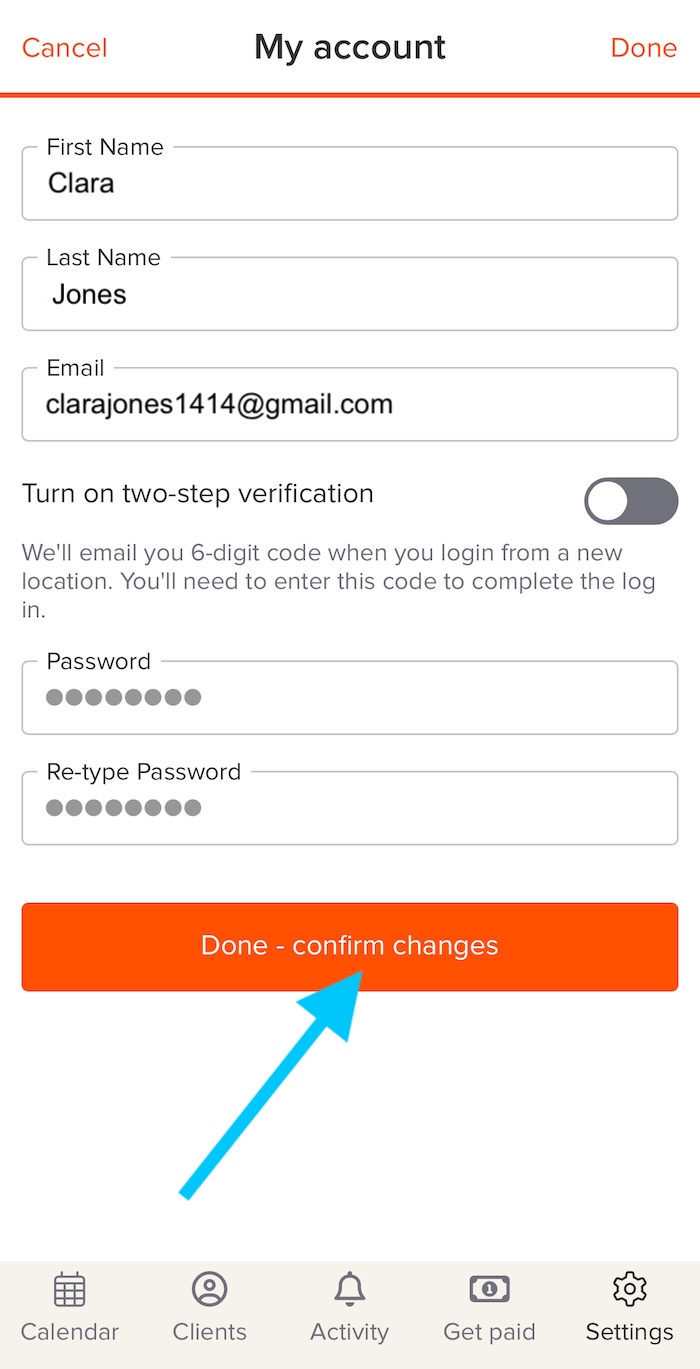 tap done to save turning off two factor verification in bookedin