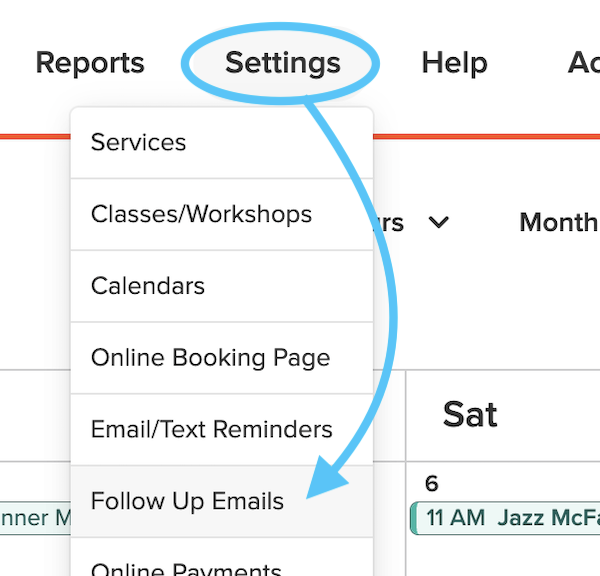 settings follow up emails in bookedin web menu