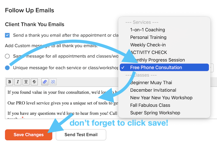 choosing a unique message per service from the dropdown in bookedin